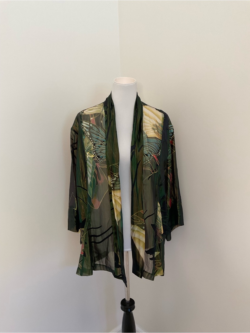 Chico’s Sheer Green Butterfly-Print Open Front Cardigan Jacket